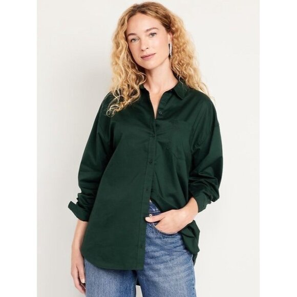 Old Navy The Boyfriend Shirt Womens L Button Up Long Sleeve Poplin Forest Canopy - Picture 1 of 8